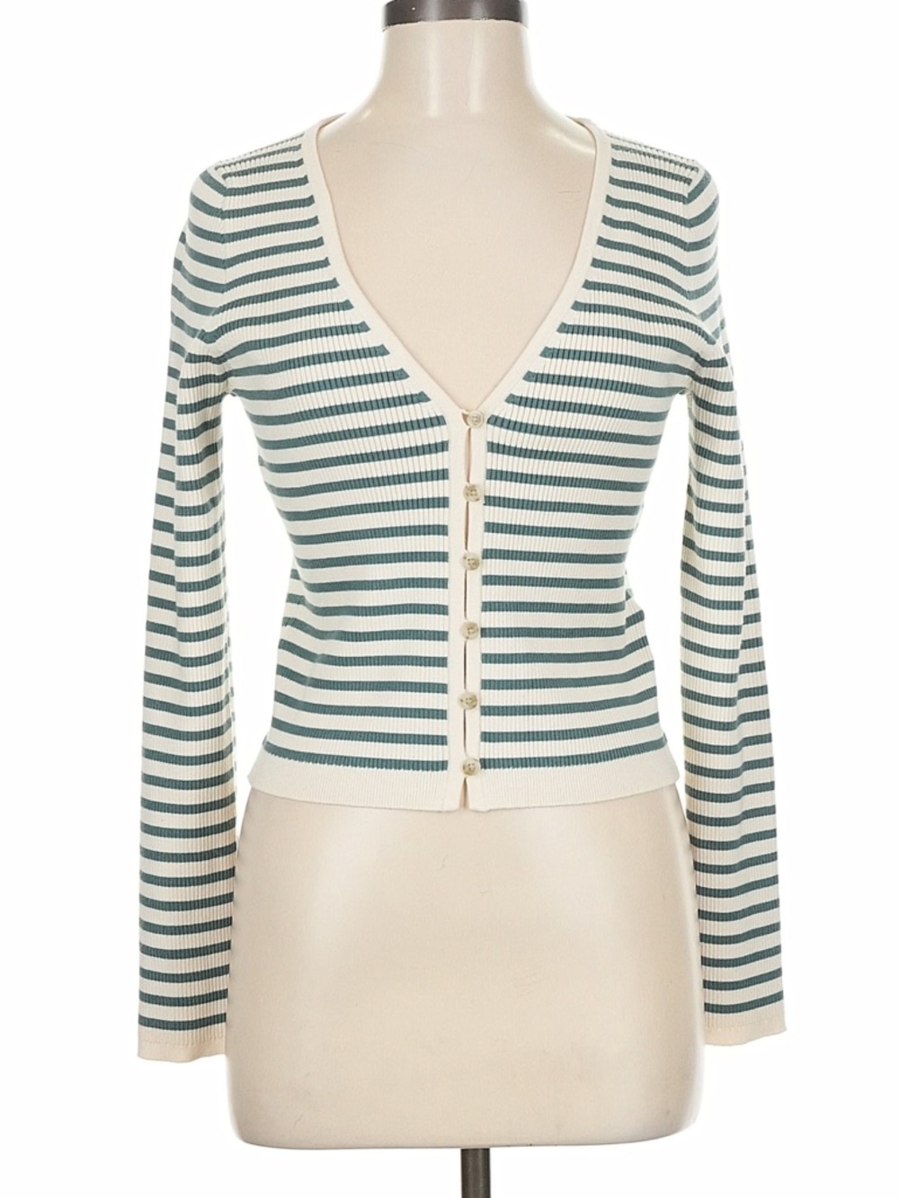 Madewell Green & Cream Striped V-Neck Button Cardigan